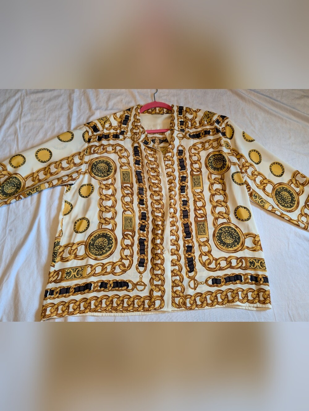 Vintage Baroque Chain Print Blouse Scarf Print Button down  XL mob wife
